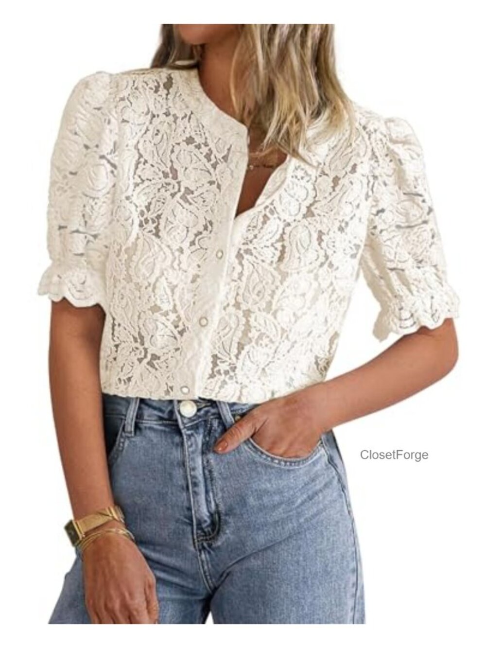 Lace Blouse Top Women Summer Button Down Puff Sleeve Top